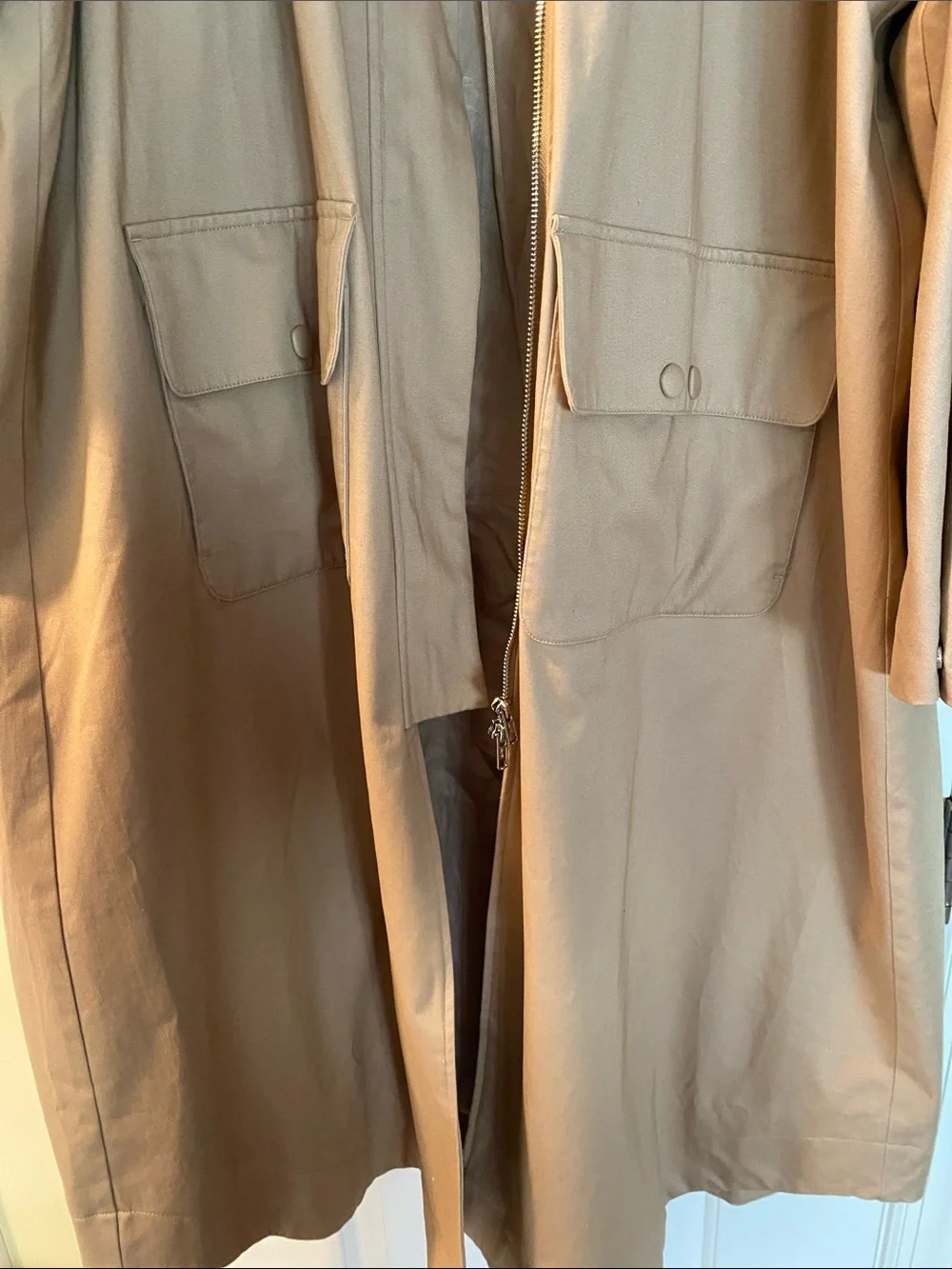Aligne 98% Organic Cotton Long Hooded Double Zip Trench Coat NWOT